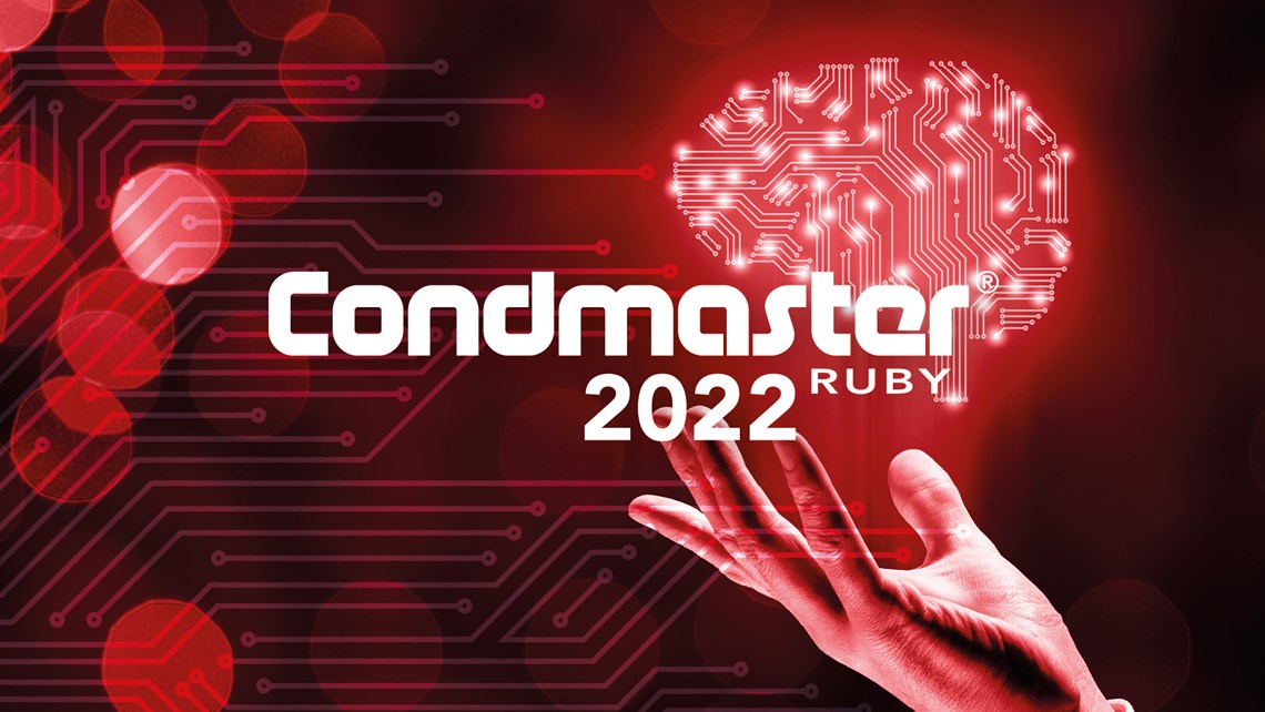 Condmaster Ruby 2022 logotype on red background image with hand holding brain Condmaster Ruby 2022 logotype on red background image with hand holding brain